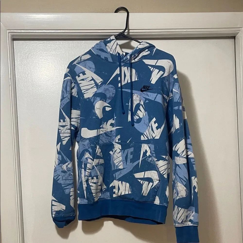Nike Blue and White Patterned Hoodie size small